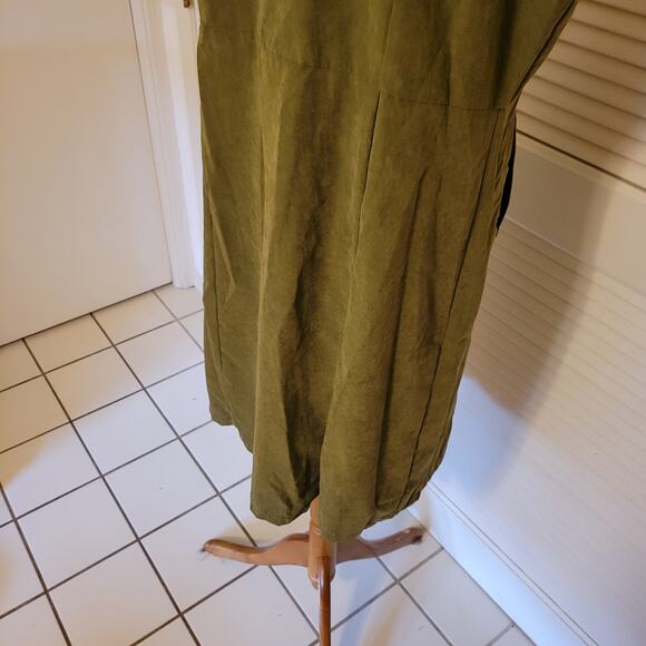 Olive Sleeveless Trench Dress XL Double Breasted V-Neck Long Layering Pockets - Picture 6 of 8